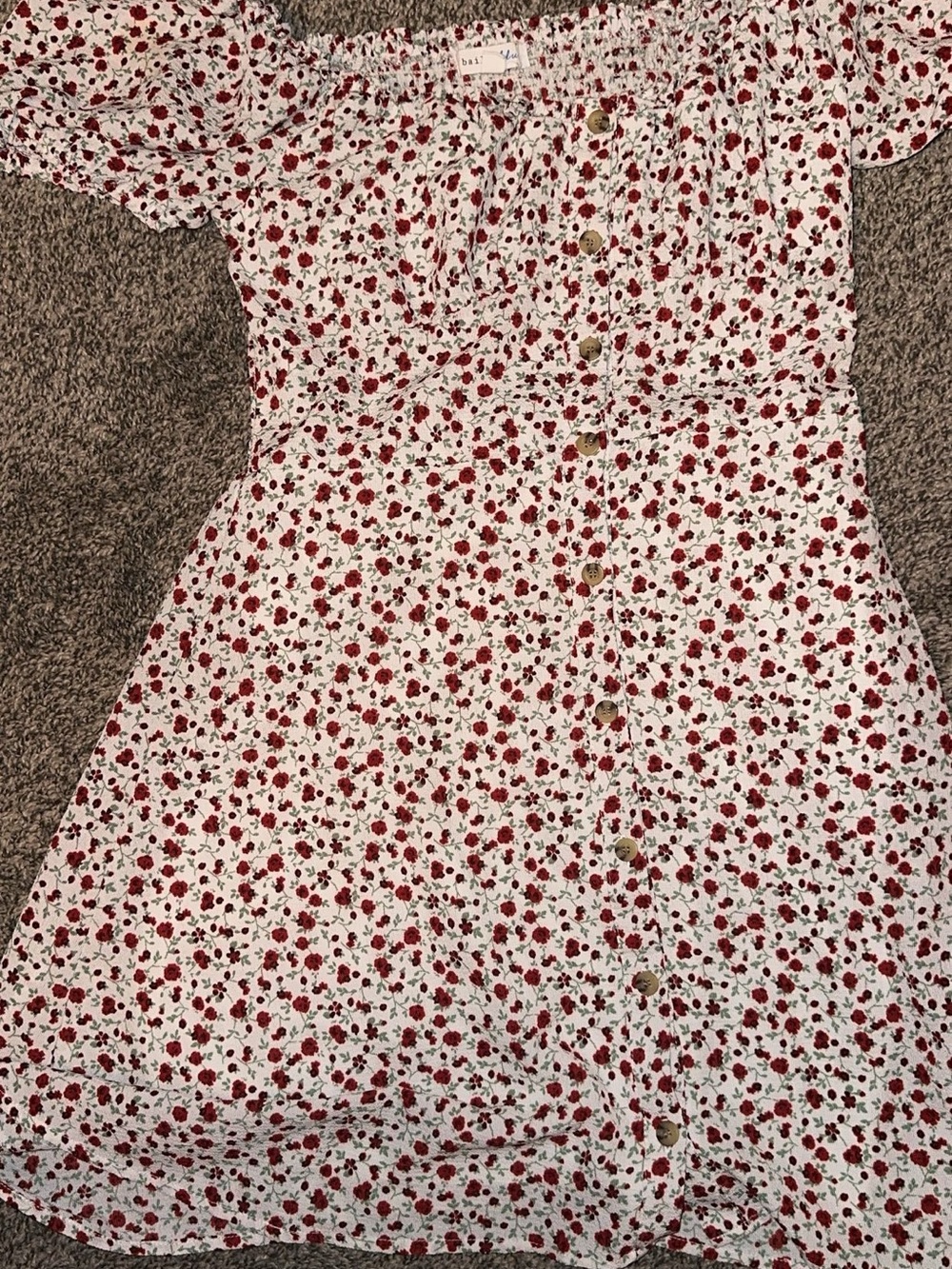 Off-Shoulder White Dress with Red Floral Print